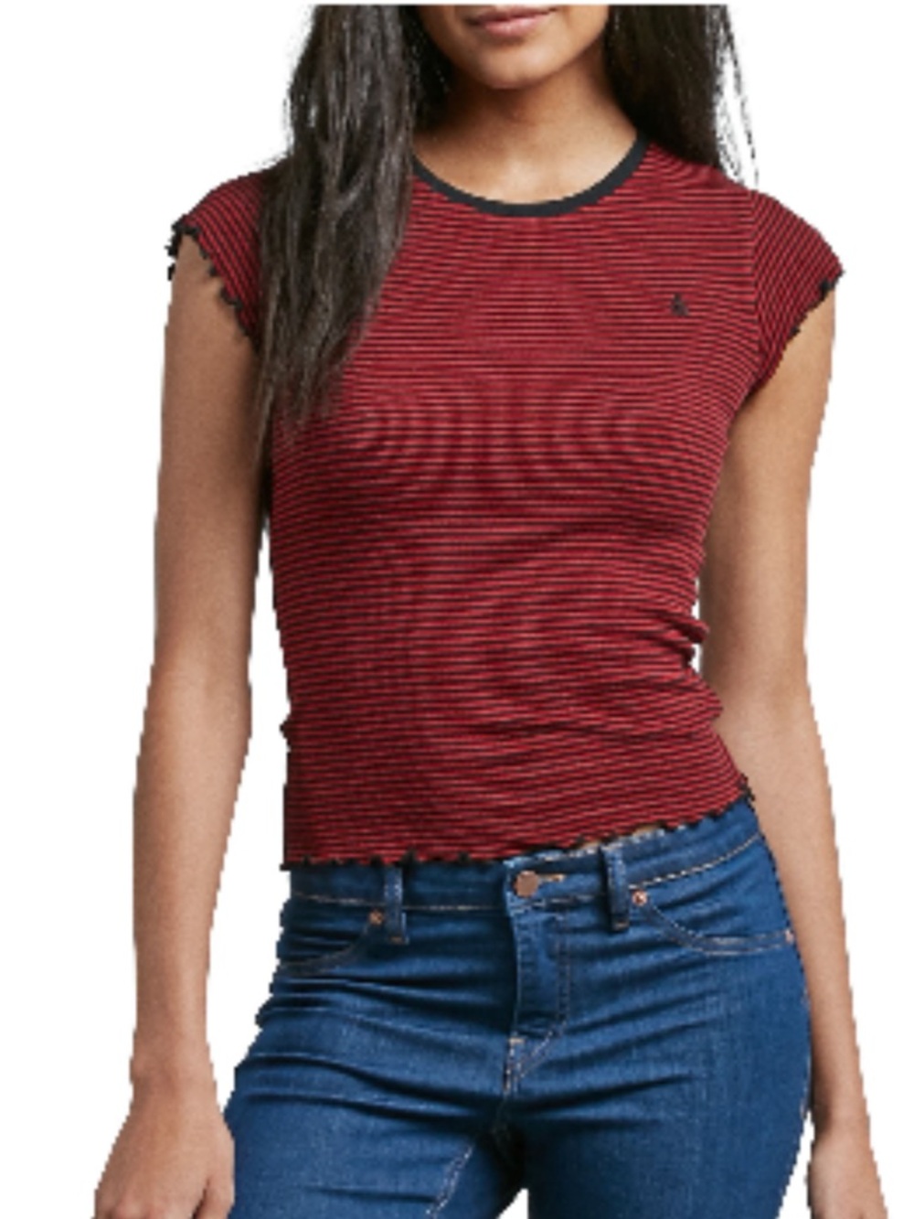 VOLCOM Cold Shoulder Lettuce Edge Red Black Stripe Fitted‎ Stretch Tee Skate XL